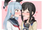  2girls bangs beige_cardigan black_hair black_sailor_collar blue_neckwear blunt_bangs blush border closed_eyes commentary_request dress food fubuki_(kantai_collection) hair_ribbon headgear heart highres holding_hands kantai_collection kiyu_fuyuki long_hair low_ponytail multiple_girls murakumo_(kantai_collection) neckerchief necktie orange_eyes pink_background pocky pocky_kiss ponytail red_neckwear remodel_(kantai_collection) ribbon sailor_collar sailor_dress short_eyebrows short_ponytail sidelocks silver_hair tress_ribbon two-tone_background upper_body white_border yuri 