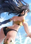  1girl armlet ass asymmetrical_legwear asymmetrical_sleeves back black_bikini_bottom black_hair black_legwear black_ribbon blue_sky day detached_collar detached_sleeves earrings fate/grand_order fate_(series) from_below hair_ribbon hokuotzu hoop_earrings ishtar_(fate/grand_order) jewelry long_hair ribbon single_detached_sleeve single_thighhigh sky solo thigh-highs tiara two_side_up 