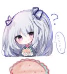  1girl :t bangs black_ribbon black_sweater blurry blurry_foreground blush bow chibi closed_mouth cottontailtokki depth_of_field eating eyebrows_visible_through_hair food granblue_fantasy grey_hair hair_between_eyes hair_ribbon holding holding_food long_hair long_sleeves looking_at_viewer queen_orchis red_bow ribbon shingeki_no_bahamut simple_background solo sweater translation_request two_side_up very_long_hair violet_eyes wavy_mouth white_background 