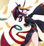  1girl braid china_dress chinese_clothes dress eyebrows_visible_through_hair fang fangs fate/grand_order fate_(series) hat heroic_spirit_festival_outfit highres horns jiangshi long_sleeves oni open_mouth pink_lips pointy_ears purple_hair short_eyebrows shuten_douji_(fate/grand_order) smile solo standing talisman tongue violet_eyes yuu_(higashi_no_penguin) 