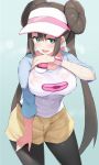  1girl :d black_legwear blush breasts cowboy_shot double_bun hair_bun half-closed_eyes hand_on_own_thigh heavy_breathing holding holding_poke_ball large_breasts long_hair low_twintails mei_(pokemon) noripachi open_mouth pantyhose poke_ball poke_ball_(generic) pokemon pokemon_(game) pokemon_bw2 raglan_sleeves see-through shirt short_shorts shorts simple_background smile standing sweat twintails very_long_hair visor_cap watch watch wet wet_clothes wet_shirt white_background yellow_shirt 