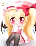  1girl :o alternate_hair_length alternate_hairstyle arm_up black_legwear blonde_hair blush chibi commentary_request convenient_leg eyebrows_visible_through_hair flandre_scarlet hair_between_eyes hat hat_ribbon highres knees_together_feet_apart knees_up long_hair looking_at_viewer mob_cap no_shoes over-kneehighs petticoat red_eyes red_skirt red_vest ribbon shadow side_ponytail simple_background sitting skirt sleeves_past_fingers sleeves_past_wrists solo thigh-highs touhou very_long_hair vest white_background white_headwear wings yairenko 