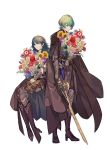  1boy 1girl a082 armor black_cape blue_eyes blue_hair byleth_(fire_emblem) byleth_eisner_(female) byleth_eisner_(male) cape closed_mouth dagger fire_emblem fire_emblem:_three_houses flower high_heels holding holding_sword holding_weapon medium_hair pantyhose sheath sheathed short_hair simple_background sitting sword weapon white_background 