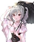  1girl arm_up bangs black_bow black_ribbon black_umbrella blush bow breasts collarbone commentary detached_sleeves dot_nose dress drill_hair eyebrows_visible_through_hair frills grey_hair hair_between_eyes hair_bow haruno_(haruno_na) holding holding_umbrella idolmaster idolmaster_cinderella_girls kanzaki_ranko lace lolita_fashion looking_at_viewer open_mouth parasol puffy_sleeves red_eyes ribbon simple_background small_breasts solo sunlight sweatdrop twin_drills twintails umbrella upper_body white_background wide_sleeves 