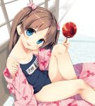  1girl absurdres animal_print blue_eyes brown_hair candy_apple child cura eyebrows_visible_through_hair fish_print food head_tilt highres holding holding_food long_hair looking_at_viewer monobeno name_tag off_shoulder official_art sawai_natsuha school_swimsuit sitting solo swimsuit two_side_up 