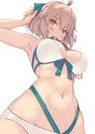  1girl absurdres ahoge aqua_ribbon armpits arms_up bangs bikini blush breasts cowboy_shot fate/grand_order fate_(series) front-tie_top hair_ribbon highres looking_at_viewer medium_hair mole mole_under_eye mouth_hold navel nishin_(nsn_0822) okita_souji_(fate)_(all) okita_souji_(swimsuit_assassin)_(fate) platinum_blonde_hair ponytail ribbon smile solo swimsuit v-shaped_eyebrows white_bikini yellow_eyes 