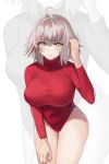  1girl ahoge bangs breasts eto_(nistavilo2) fate/grand_order fate_(series) highleg highleg_leotard impossible_clothes impossible_leotard impossible_sweater jeanne_d&#039;arc_(alter)_(fate) jeanne_d&#039;arc_(fate)_(all) large_breasts leotard long_sleeves meme_attire red_leotard red_sweater ribbed_leotard short_hair silver_hair solo striped_leotard sweater turtleneck turtleneck_leotard turtleneck_sweater yellow_eyes zoom_layer 