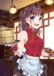  1girl :d ahoge bamboo_steamer blue_eyes breasts brown_hair ceiling chair china_dress chinese_clothes dress food_request hair_bun hair_ornament highres holding holding_plate indoors kodama_(koda_mat) light looking_at_viewer medium_hair open_mouth original plate sidelocks small_breasts smile standing waitress window 