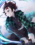  1girl belt belt_buckle black_jacket black_pants blood blood_on_face blue_fire blurry blurry_background brown_hair buckle checkered clenched_teeth depth_of_field earrings facial_scar fire flaming_sword forehead_scar highres holding holding_sword holding_weapon jacket jewelry kamado_tanjirou katana kimetsu_no_yaiba long_sleeves looking_away pants profile scar solo sword tapioka_(oekakitapioka) teeth torn_clothes violet_eyes weapon white_belt 