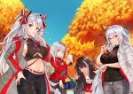  4girls :d absurdres admiral_graf_spee_(azur_lane) ahoge alternate_costume autumn azur_lane bag bag_charm bangs between_breasts black_jacket black_pants blue_eyes blue_sky blunt_bangs bow breasts bubble_tea casual charm_(object) claw_pose closed_mouth coat cowboy_shot crop_top cup day deutschland_(azur_lane) disposable_cup eyebrows_visible_through_hair finger_to_mouth graf_zeppelin_(azur_lane) grey_coat grey_pants grey_shirt hair_bow hand_on_hip highres holding holding_cup iron_cross jacket ko_ma0998 large_breasts leaning_forward long_hair long_sleeves looking_at_viewer miniskirt mole mole_on_breast multicolored_hair multiple_girls open_clothes open_coat open_jacket open_mouth orange_eyes outdoors pants parted_lips prinz_eugen_(azur_lane) red_bow red_jacket red_skirt redhead shirt short_hair silver_hair skirt sky smile streaked_hair tree two_side_up under_boob underboob_cutout very_long_hair white_coat white_hair white_shirt 
