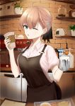  1girl apron black_apron braid brown_hair coffee_maker_(object) cup disposable_cup green_eyes heart indoors kanzakimitoto looking_at_viewer one_eye_closed original pink_shirt plant potted_plant shelf shirt short_hair short_sleeves solo standing 