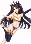  1girl absurdres armlet asymmetrical_legwear asymmetrical_sleeves bangs bare_shoulders black_hair breasts bridal_gauntlets commentary crown earrings elbow_gloves eyebrows_visible_through_hair fate/grand_order fate_(series) feet gloves hair_ribbon highres hoop_earrings ishtar_(fate/grand_order) jewelry large_breasts long_hair looking_at_viewer navel neck_ring parted_bangs red_eyes revision ribbon single_elbow_glove single_thighhigh smile solo thigh-highs tming toeless_legwear two_side_up 