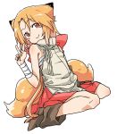  1girl animal_ear_fluff animal_ears bandaged_arm bandages bangs bare_shoulders blush_stickers boots bow brown_footwear chiwa_(fcwv5738) closed_mouth commentary_request copyright_request dutch_angle eyebrows_visible_through_hair fox_ears fox_girl fox_tail grey_shirt hair_between_eyes hand_up highres orange_hair pleated_skirt red_bow red_eyes red_skirt shirt sitting skirt sleeveless sleeveless_shirt smile solo tail v wariza 