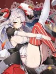  1girl antenna_hair azur_lane bangs blush breasts commentary_request eyebrows_visible_through_hair finger_to_mouth garter_straps hair_between_eyes hair_ribbon large_breasts long_hair looking_at_viewer luse_maonang machinery mole mole_on_breast multicolored_hair orange_eyes panties prinz_eugen_(azur_lane) redhead ribbon rigging side-tie_panties sideboob silver_hair solo streaked_hair swept_bangs thigh-highs thighs two_side_up underwear very_long_hair white_panties wrist_cuffs 