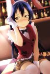  1girl animal_ears bangs between_legs black_neckwear blue_hair blush bow bowtie commentary_request earrings embarrassed eyebrows_visible_through_hair fake_animal_ears gloves hair_between_eyes hand_between_legs hand_on_headwear highres jewelry korekara_no_someday long_hair love_live! love_live!_school_idol_project puffy_shorts rabbit_ears reno_0901 shorts sitting solo sonoda_umi thigh-highs wariza white_gloves white_legwear yellow_eyes 