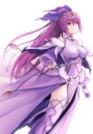  bangs bk201 boots dress fate/grand_order fate_(series) fur-trimmed_dress fur_trim hair_between_eyes headpiece highres holding holding_wand light_blush light_smile purple_dress purple_hair purple_ribbon red_eyes ribbon scathach_(fate)_(all) scathach_skadi_(fate/grand_order) simple_background thigh-highs thigh_boots tiara wand white_background 