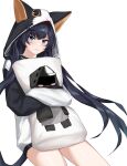  1girl absurdres animal_ears animal_hood arknights bangs black_hair blaze_(arknights) blue_eyes blush blush_stickers cat_ears cat_tail commentary_request cowboy_shot doctor_(arknights) eyebrows_visible_through_hair highres hood hoodie kakago long_hair long_sleeves looking_at_viewer no_pants object_hug official_alternate_costume pillow pillow_hug simple_background solo tail thighs very_long_hair white_background 