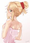  1girl alternate_costume artist_name bare_shoulders blonde_hair blush breasts commentary darahan eyebrows_visible_through_hair fate/grand_order fate_(series) from_behind green_eyes hair_ornament long_hair looking_at_viewer mordred_(fate) mordred_(fate)_(all) ponytail red_scrunchie scrunchie simple_background solo towel upper_body white_background 