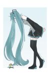  1girl absurdly_long_hair arms_behind_back bare_shoulders black_legwear black_skirt blue_background blue_eyes blue_hair blue_nails blue_neckwear breasts covered_mouth dandelion detached_sleeves expressionless fingernails flower from_side full_body grey_shirt hands_clasped hatsune_miku interlocked_fingers leaf leaning leaning_forward long_hair looking_down manarona necktie own_hands_together pale_skin pleated_skirt profile shirt simple_background skirt small_breasts solo standing standing_on_one_leg thigh-highs twintails twitter_username two-tone_background very_long_hair vocaloid white_background yellow_flower zettai_ryouiki 