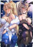  2girls :o animal_ears artoria_pendragon_(all) artoria_pendragon_(lancer_alter) artoria_pendragon_(swimsuit_ruler)_(fate) ass bangs bare_shoulders black_legwear blonde_hair blue_legwear blush braid breasts bunnysuit detached_collar fate/grand_order fate_(series) feather_boa fishnets from_behind green_eyes hair_between_eyes highres horns large_breasts leotard long_hair looking_at_viewer looking_back moze multiple_girls necktie pantyhose parted_lips ponytail purple_leotard rabbit_ears sidelocks smile sweat thigh_strap white_leotard wrist_cuffs yellow_eyes 