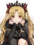  1girl asymmetrical_legwear blonde_hair buttons cape dress earrings elbows_on_knees ereshkigal_(fate/grand_order) eyebrows_visible_through_hair fate/grand_order fate_(series) gold gold_trim hair_ribbon hands_on_own_cheeks hands_on_own_face highres jewelry long_sleeves looking_at_viewer noraillust red_eyes ribbon sitting skull smile twintails 