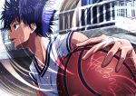  1boy absurdres ahiru_no_sora basketball basketball_jersey black_eyes black_hair highres indoors isami_don kurumatani_sora male_focus motion_blur railing solo spiky_hair sweat 