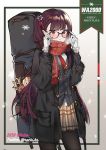  1girl absurdres black_legwear blazer blush bullpup closed_mouth girls_frontline glasses gun hair_ornament hair_ribbon high-waist_skirt highres jacket long_hair pantyhose purple_hair red_eyes red_neckwear red_ribbon ribbon rifle roti skirt sniper_rifle thighband_pantyhose tsundere wa2000_(girls_frontline) walther walther_wa_2000 weapon 