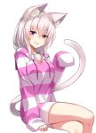  1girl animal_ear_fluff animal_ears bangs blush breasts cat_ears cat_girl cat_tail character_request collarbone copyright_request crossed_legs eyebrows_visible_through_hair hair_between_eyes hood hooded_jacket jacket looking_at_viewer medium_breasts medium_hair open_mouth paw_pose pink_jacket sidelocks silver_hair simple_background sitting sleeves_past_fingers sleeves_past_wrists solo striped_jacket tail takehana_note thighs violet_eyes virtual_youtuber white_background 