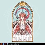  1girl bouquet commentary commission dress english_commentary faceless flower hair_between_eyes hair_ornament jewelry kinokashi lamia long_hair miia_(monster_musume) monster_girl monster_musume_no_iru_nichijou necklace pointy_ears redhead scales solo stained_glass tail very_long_hair wedding_dress white_dress 