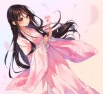  1girl artist_name black_hair blush borrowed_character braid brown_eyes closed_mouth commentary commission dutch_angle english_commentary eyebrows_visible_through_hair feet_out_of_frame floral_print flower french_braid holding holding_flower hyanna-natsu japanese_clothes kimono long_hair long_sleeves obi original petals pink_background pink_flower pink_kimono print_kimono sash sidelocks simple_background smile solo standing very_long_hair wide_sleeves 