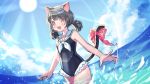  1girl :d animal_ears bangs bare_arms bare_shoulders black_hair black_swimsuit blue_sky blush bow casual_one-piece_swimsuit cat_ears cat_girl cat_tail clouds commentary_request cowboy_shot day eyebrows_visible_through_hair horizon looking_at_viewer low_twintails mechuragi neckerchief ocean one-piece_swimsuit open_mouth original outdoors pink_bow red_eyes sailor_collar short_twintails sky smile solo standing summer sun sunlight swimsuit tail tail_bow tail_raised twintails upper_teeth water white_neckwear white_sailor_collar 