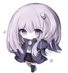  1girl bangs black_jacket black_legwear black_skirt chibi cottontailtokki crown eyebrows_visible_through_hair full_body hair_between_eyes jacket long_hair long_sleeves mini_crown necktie open_clothes open_jacket pleated_skirt purple_hair purple_neckwear sailor_collar school_uniform serafuku shadowverse shingeki_no_bahamut shirt simple_background skirt sleeves_past_fingers sleeves_past_wrists solo spinaria_(shingeki_no_bahamut) standing standing_on_one_leg thigh-highs very_long_hair violet_eyes white_background white_sailor_collar white_shirt 