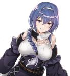  1girl bangs blue_eyes blue_hair blush braid breasts closed_mouth detached_sleeves dp-12_(girls_frontline) girls_frontline hair_over_shoulder hairband hana09487817 jacket large_breasts long_hair multicolored_hair purple_skirt sidelocks simple_background single_braid skirt sleeveless smile solo turtleneck white_background white_hair white_hairband 