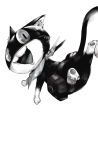 1other :3 animal_ear_fluff animal_ears atlus blazpu cat cat_ears cat_tail fang full_body highres jumping male mask megami_tensei monochrome morgana_(persona_5) neckerchief no_humans open_mouth persona persona_5 smile solo tail white_background 