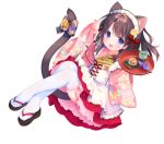  1girl :d animal_ear_fluff animal_ears apron bell black_footwear blush bow brown_hair cat_ears cat_girl cat_tail commentary_request floral_print frilled_apron frills full_body holding holding_tray japanese_clothes jingle_bell kimono long_hair long_sleeves looking_at_viewer maid_headdress open_mouth origami original paper_crane pinching_sleeves pink_kimono piyodera_mucha pleated_skirt print_kimono red_skirt simple_background skirt sleeves_past_wrists smile solo tail tail_bell tail_bow thigh-highs tray violet_eyes wa_maid white_apron white_background white_legwear wide_sleeves 
