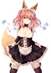  1girl alternate_costume animal_ear_fluff animal_ears apron black_dress black_legwear breasts collarbone cowboy_shot detached_collar detached_sleeves dress enmaided fate/extella fate/extra fate_(series) fox_ears fox_girl fox_tail frilled_apron frills highres maid maid_apron maid_headdress medium_breasts pink_hair short_dress sidelocks simple_background solo tail tamamo_(fate)_(all) tamamo_no_mae_(fate) thigh-highs twintails waist_apron watanai72 white_apron white_background yellow_eyes 