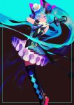  1girl argyle argyle_legwear bare_shoulders black_background black_legwear blue_background blue_border blue_eyes blue_hair border buttons commentary detached_sleeves diamond_(shape) facepaint feet_out_of_frame floating_hair frilled_skirt frills gloves hair_between_eyes hands_clasped happy hat hatsune_miku highres holding holding_microphone legs_together light_smile long_hair looking_away magical_mirai_(vocaloid) microphone mini_hat mini_top_hat number_tattoo own_hands_together satomatoma shiny shiny_hair shoe_soles shoulder_tattoo simple_background single_detached_sleeve skirt sleeveless smile solo tattoo thigh-highs top_hat twintails two-tone_background very_long_hair vocaloid white_gloves white_headwear white_skirt wrist_cuffs zettai_ryouiki 