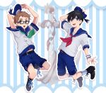  2boys :o anchor belly_peek belt black_footwear black_hair blue-framed_eyewear blue_eyes blue_headwear blue_shorts brown_eyes brown_hair glasses hane_(hane_0928) hat highres hoshiai_no_sora katsuragi_maki looking_at_viewer male_focus multiple_boys sailor sailor_hat shinjou_touma shirt short_sleeves shorts socks striped striped_background striped_legwear vertical-striped_background vertical_stripes white_shirt wrist_cuffs 