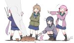  absurdres akebono_(kantai_collection) crab fire food highres kantai_collection laughing leaf oboro_(kantai_collection) potato rabbit sazanami_(kantai_collection) simple_background skirt smoke socks squatting sweater sweet_potato tongs ushio_(kantai_collection) white_background yakiimo 