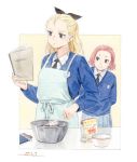  2girls apron arms_behind_back assam black_neckwear black_ribbon blonde_hair blue_apron blue_eyes blue_skirt blue_sweater book bowl brown_eyes chocolate closed_mouth commentary cooking dress_shirt emblem frown girls_und_panzer hair_pulled_back hair_ribbon highres holding holding_book holding_spatula horikou leaning_to_the_side long_hair long_sleeves looking_at_another medium_hair multiple_girls necktie outside_border pleated_skirt redhead ribbon rosehip school_uniform shirt skirt smile spatula st._gloriana&#039;s_(emblem) st._gloriana&#039;s_school_uniform standing sweater traditional_media v-neck valentine white_shirt wing_collar 