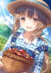  1girl bangs basket blush brown_eyes brown_hair craytm day dutch_angle hat highres long_hair looking_at_viewer open_mouth original outdoors overalls ponytail solo strap_slip tomato 