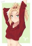  1girl arm_behind_head arm_up bangs blonde_hair blush braid breasts commentary darahan fate/grand_order fate_(series) green_eyes hair_ornament long_hair looking_at_viewer mordred_(fate) mordred_(fate)_(all) navel parted_bangs ponytail red_sweater solo sweater upper_body 