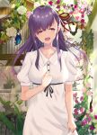  1girl :d absurdres birdcage black_ribbon blue_butterfly bug butterfly cage day dress fate_(series) flower hair_ribbon hand_up highres insect kanzakimitoto lantern matou_sakura open_mouth purple_hair red_ribbon ribbon short_sleeves sidelocks smile solo standing tears violet_eyes white_dress wreath 