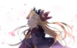  1girl ameshiki blonde_hair bow cape commentary_request dress earrings ereshkigal_(fate/grand_order) fate/grand_order fate_(series) floating_hair fur_collar gold hair_bow jewelry looking_up open_mouth partial_commentary petals red_eyes skull_necklace standing tiara twintails 