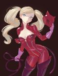  1girl atlus bangs blue_eyes bodysuit boots breasts cat_mask cat_tail commentary covered_nipples earrings english_commentary fake_tail full-length_zipper gloves highres holding holding_mask jewelry latex_bodysuit long_hair mask mask_removed medium_breasts megami_tensei panther_(persona) persona persona_5 pink_gloves purple_footwear red_bodysuit skin_tight solo stud_earrings swept_bangs tail takamaki_anne thigh-highs thigh_boots tim_loechner twintails whip zipper 