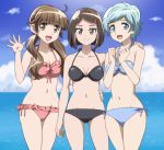  3girls :d anime_coloring arm_around_back bangs bikini black_bikini blue_bikini blue_eyes blue_sky blunt_bangs breasts brown_eyes clenched_hand clouds day frilled_bikini frills hair_ornament hairclip hand_on_another&#039;s_shoulder hand_up hands_up houkago_saikoro_club looking_at_viewer medium_breasts multiple_girls navel onomekaman oono_midori open_mouth outdoors pink_bikini short_hair side-tie_bikini sky smile standing swimsuit takayashiki_aya takekasa_miki twintails water 