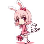  1girl animal_ears bag bangs blush bow chibi closed_mouth colored_shadow commentary_request dated eyebrows_visible_through_hair hair_between_eyes hair_bow heart holding holding_bag long_hair neckerchief nyano21 original pink_hair pink_sweater pleated_skirt polka_dot polka_dot_bow rabbit_ears red_bow red_eyes red_neckwear sailor_collar school_uniform serafuku shadow signature skirt smile solo sweater thigh-highs white_background white_legwear white_sailor_collar white_skirt 