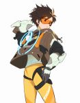  1girl arm_up bangs bodysuit bomber_jacket brown_eyes brown_hair character_name eyes_visible_through_hair gloves goggles highres jacket looking_to_the_side maro_(lij512) open_mouth orange_bodysuit overwatch short_hair simple_background solo spiky_hair standing strap thigh_strap tracer_(overwatch) upper_body white_background 