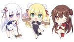  3girls :d ;) animal anzu_(sumisaki_yuzuna) apron bamboo_steamer bangs baozi black_dress black_footwear blonde_hair blue_dress blush_stickers broom brown_eyes brown_hair bun_cover china_dress chinese_clothes closed_mouth commentary_request crossed_legs cup double_bun dress eyebrows_visible_through_hair flower food green_eyes hair_between_eyes hair_flower hair_ornament hair_ribbon hairclip holding holding_cup long_hair looking_at_viewer maid_apron multiple_girls one_eye_closed open_mouth original pelvic_curtain pig puffy_short_sleeves puffy_sleeves red_dress red_footwear red_ribbon ribbon shoes short_sleeves sign sitting smile standing standing_on_one_leg sumisaki_yuzuna translation_request twintails two_side_up very_long_hair violet_eyes white_apron white_flower white_hair 