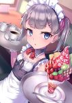  1girl apron black_collar black_ribbon blue_eyes blurry blurry_background breasts coffee collar collarbone commentary_request cup depth_of_field detached_collar food frills fruit grey_hair hair_ornament hair_ribbon hairclip holding holding_tray looking_at_viewer maid_headdress original parted_lips pink_ribbon ribbon ryuinu saucer small_breasts solo spoon strawberry tray twintails upper_body wafer_stick waist_apron waitress white_apron wing_collar 